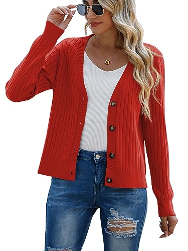 Image of Women's Rust Red Casual Dressy Stirped Cardigan with V Neck Button Sweaters Crew Neck Lady Lightweight Jacket 2024 Fall Winter Size XXL