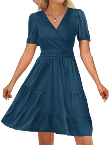 Image of Women's Casual Summer Dress V Neck Short Sleeve Flowy Stretchy Comfort Fit for Daily Wear Work Midi Dresses