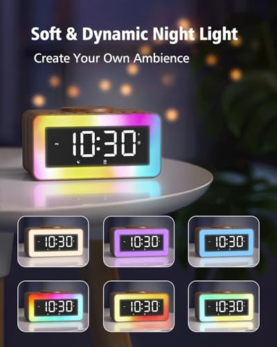 5 in 1 Alarm Clocks Bedside with Wireless Charger, White Noise Machine, Colourful Night Light, Bluetooth Speaker, Digital Clock, Dimmable LED Display, Birthday Gifts for Men Women Gifts for Dad Mum - Image 5