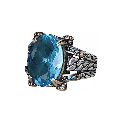 Curb Cuban Link Chain Design 925 Sterling Silver Aquamarine Stone Men's Ring, Handmade Silver Ring for Men, Blue Aquamarine Stone Ring, Man Silver Aquamarine Stone Ring