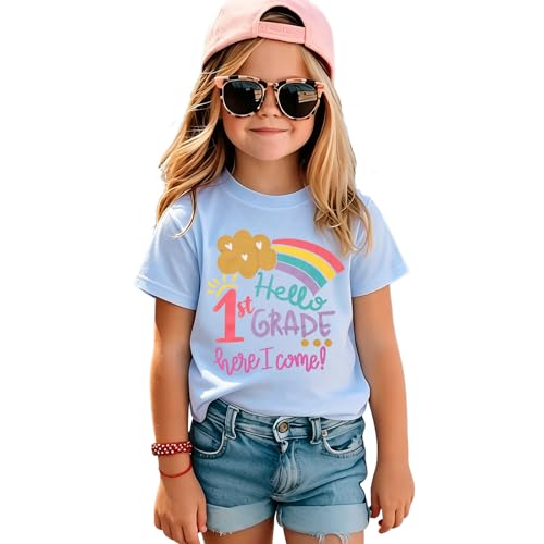GLIGLITTR Girls First Day of School Shirt Hello 1st 2nd 3rd Grade Here I Come Rainbow Outfit Kids Back to School Tee Top 6-9Y(Blue 1st Grade 6X)