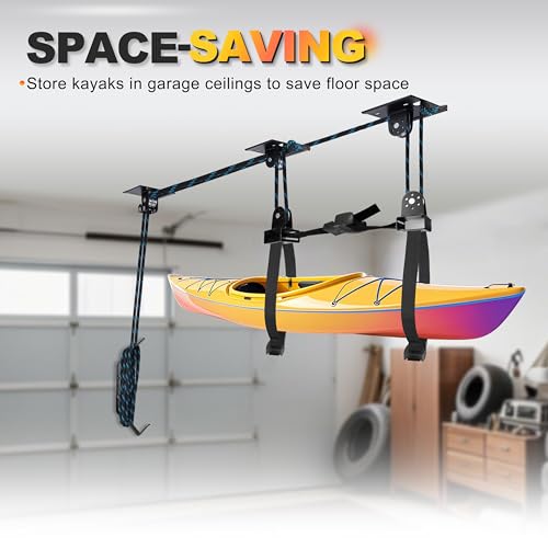 Hikeen Kayak Hoist for Garage Ceiling, Heavy Duty Kayak Pulley System, Hold Up to 150 lbs Capacity, Cargo Box Storage, Garage Organization Lift System Fit 10-14 Foot Ceilings by Hikeen - Image 3