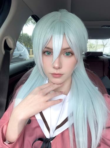 Image of LABEAUTE Subaru Hoshina Cosplay Wig Long 27.56 inch Light Blue Straight Wig for Women Anime Halloween Costume Party