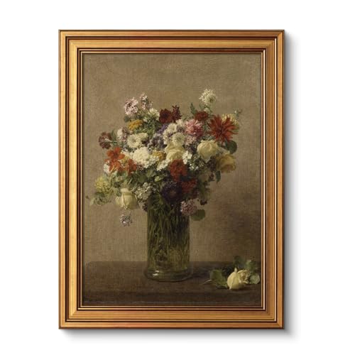 Image of VIYYIEA Vintage Gold Framed Wall Art for Living Room, Flowers Canvas Prints Home Decor, Oil Painting Picture, Bedroom Wall Decor Gifts for Friends or Family -【A bottle of flowers】-(16L x 12W)