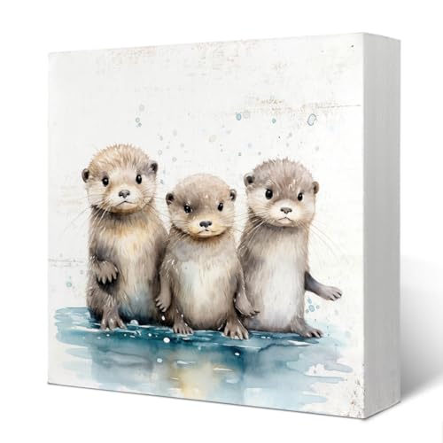 Image of Yetmadi Sea Otter Watercolor Wooden Sign Decor - Sea Otter Animal Sign for Kids Room Nursery Bedroom Bathroom Home Shelf Table Decor, Three Water Towers, 5x5
