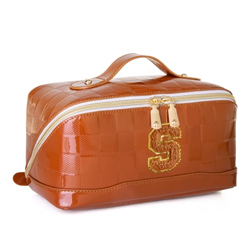 Initial Makeup Bag Large Capacity Travel Cosmetic Bag for Women PU Leather Open Flat Toiletry Bag with Handle and Divider Personalized Gifts for Women (Brown S)