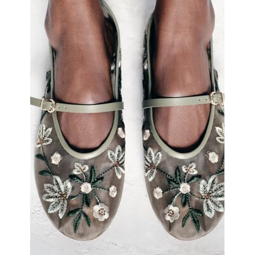 Image of MRKEWUNEY Mesh Ballet Flats for Women Embroidered Floral Round Toe Mary Jane