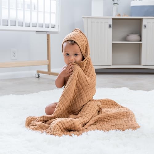 Image of Comfy Cubs 2 Pack Baby Hooded 9 Layer Muslin Cotton Towel for Kids, Large 32” x 32”, Ultra Soft, Warm, and Absorbent Baby Essentials Bath Towels, Cute Unisex Cover for Girls and Boys (2 Pack, Caramel)