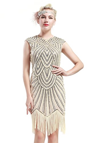 1920s Beaded Fringed Great Gatsby Dress Beige