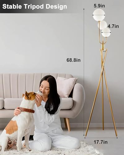 Image of Lightdot Gold Floor Lamp Dimmable Mid Century Tripod Floor Lamp with 3 Pole Lights with 3Pcs 3000K Bulbs Included Tripod Standing Lamps with Stable Base for Living Room /Sofa Beside /Corner Decor