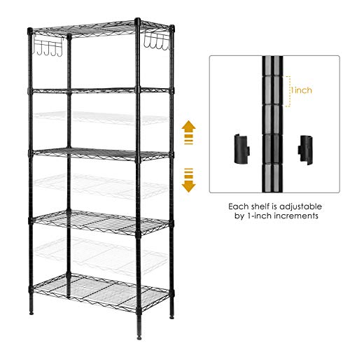 LEHOM 5-Wire Shelving Metal Storage Shelves, Adjustable Shelf with Stainless Side Hooks & Adjustable Leveling Feet for Laundry Bathroom Kitchen Pantry ,220 LBS Capacity- 23.63\"L×13.78\"W×59.1\"H Black