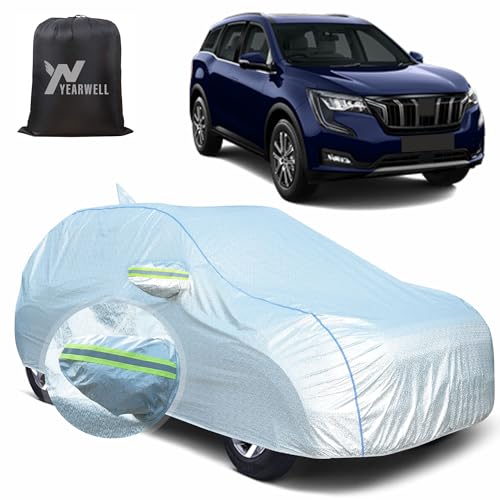 Image of Car Body Cover for Mahindra XUV 700, 100% Waterproof, Heat-Resistant with Mirror & Antenna Pockets, Soft Cotton Lining, Triple Stitched, Green Reflector (Reflective Silver)