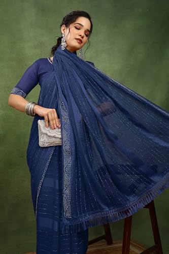 Image of MIRCHI FASHION Saree for Woman Georgette Solid with Satin Stripes | Stone Border Farewell and Ceremonial Sari with Blouse Piece