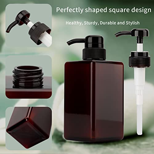 Jansburg 450ml Pump Bottle Dispenser 2Pack Refillable Square Plastic Lotion Dispenser Empty Lotion Pump Bottle for Essential Oil Soap Lotion Shampoo Bathroom/Kitchen/Travel Amber - Image 2