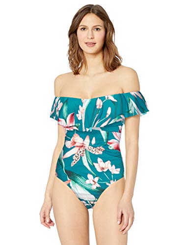 La Blanca Women's Plus Size Off Shoulder Ruffle One Piece Swimsuit, Caribbean Current//Flyaway Orchid, 18W