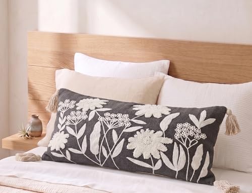 Image of Furnistitchs Boho Rectangle Cushion Cover 12x20 inches | Handmade Decorative Throw Pillow Case | Bohemian Home Decor Sofa Bed Cushion Cover Living Room Bedroom (2, Grey Floret, 12x20 inches)