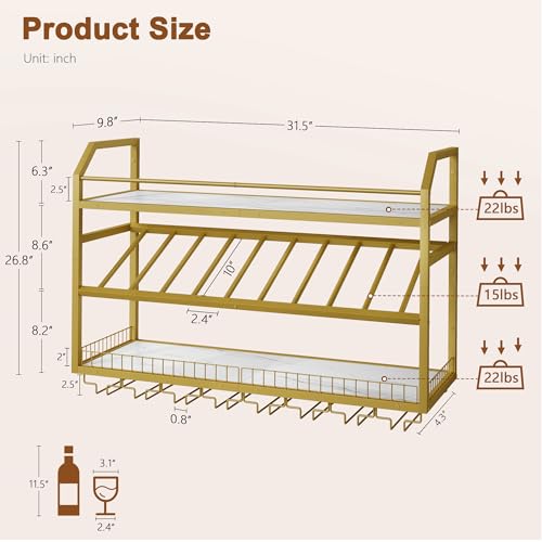 Image of Hoctieon Wall Mounted Wine Rack, 31.5 inch Wall Wine Rack for Display and Storage, Hanging Bottle Holder, for Living Room, Dining Room, Bar, Wine Cellar, Gold&White