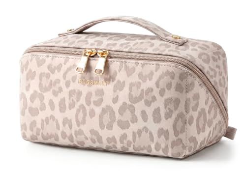 Image of BAGSMART Travel Makeup Bag, Flat Lay Make Up Bag for Women, PU Leather Waterpoof Cosmetic Organiser, Pink Leopard Print