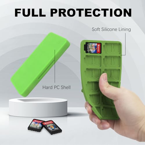 Image of FYY Nintendo Switch Game Case Holder for Switch 2 Cartridge Case with 24 Game Card Slots & 48 Micro SD Card Slots, Hard Shell, Silicone Lining Green