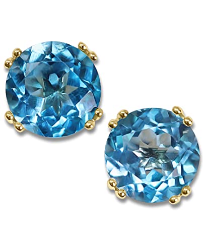14K Yellow Gold 8mm Genuine Blue Topaz Round Stud Earrings2