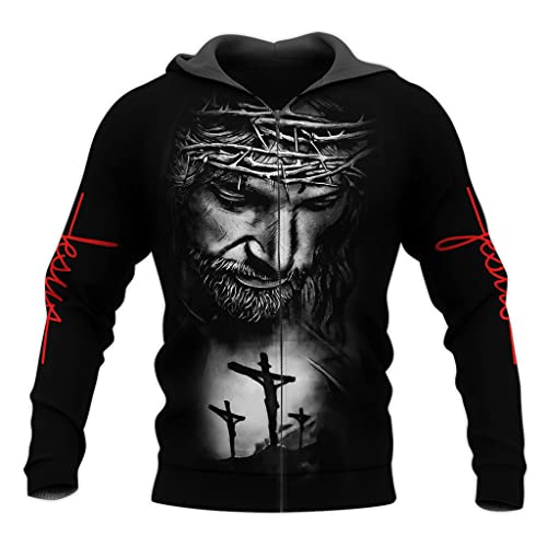 JJLLAZAD Christian Unisex Hoodie,God Jesus 3D Print Full Zip Casual Loose Sweatshirt Fall Long Sleeve Cross Harajuku Jacket,Jesus Black Zip Hoodie,5XL