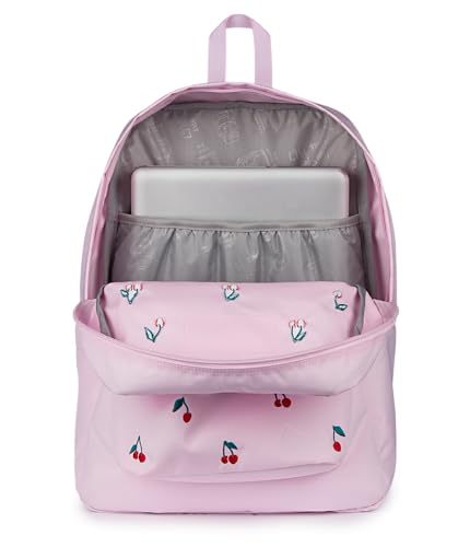 Image of JanSport Superbreak Plus FX Backpack - Work, Travel, or Laptop Bag with Water Bottle Pocket - Pink Ice Cherry Emb