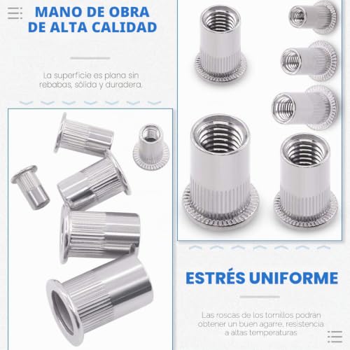 Miniatura 4 de Glarks - Kit De Tuercas De Remache Con Rosca De Cabeza Plana De Acero Inoxidable 304, M3, M4, M5, M6, M8 Y M10, 180 Unidades
