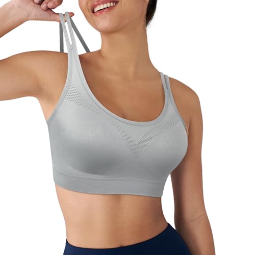 Image of WOYYHO Cross Back Sports Bra for Women Padded Medium Support Workout Bra | 3 Pack, Strappy, Removable Pads, Soft, Spaghetti Strap, Moisture-Wicking, Seamless, for Athletic Yoga Gym Fitness Daily