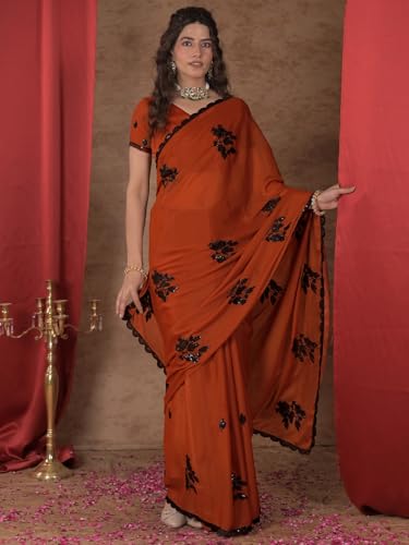 Image of Satrani Women's Shimmer Georgette Sequins Embroidery Saree with Unstitched Blouse Piece