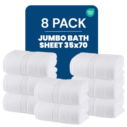 Image of Bulk 8-Pack Commercial Jumbo Bath Sheets, 35 inch x 70 inch, 600 GSM, White | For Vacation Rentals & Luxury Suites - 100% Ring-Spun Cotton with Plush Comfort & High Absorbency