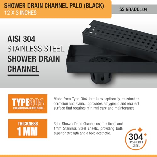 Image of Ruhe Palo 12 x 3 Inches Shower Drain Channel | 304 Stainless Steel Black PVD Coated Shower Water Drain Channel /Waste Water Floor Drain & Side Hole