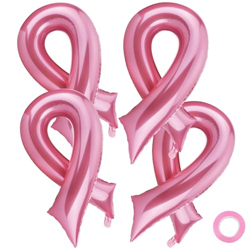Breast Cancer Balloons Breast Cancer Awareness Decorations 4 PCS Pink Ribbon Shaped Foil Balloons Large Breast Cancer Awareness Balloons for Fundraising Event Party Decoration Supplies