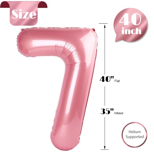 Image of Pearlescent Pink 7 Balloon, Number Balloons 40 Inch, 7th Birthday Decorations, Party Decoration for Women, Number 7 Balloon