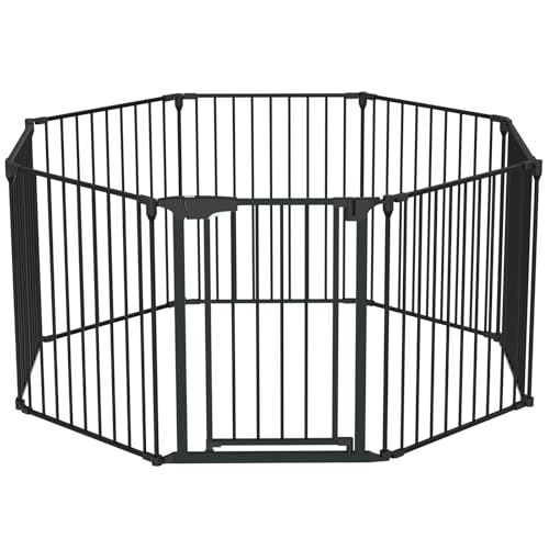 Image of Bonnlo 208'' Wide Baby Gate Playpen 8 Panel Adjustable Play Yard Metal Dog Gate with Door Fireplace Christmas Tree Fence for Pet/Child/Toddler