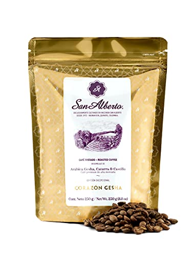 San Alberto Corazón Gesha - Colombian Whole Bean Coffee - Medium Roast - Gourmet Quality And Taste For Discerning Palates - Fresh Notes Of Lemongrass & Juicy Fruits, Floral Heart, Silky Body - 8.8 Oz #TOP25