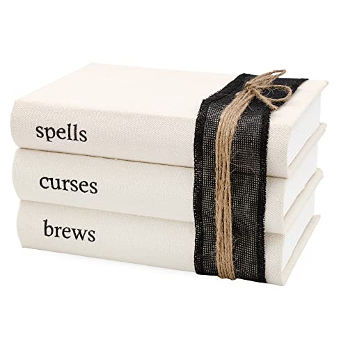 AuldHome Design Halloween Faux Book Stack; Decorative Witches&rsquo; Book Set w/ Burlap Ribbon Wrap