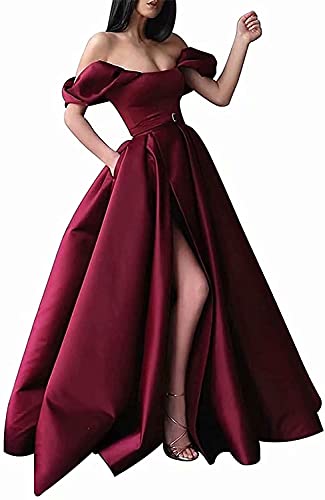 Off The Shoulder Long Satin A Line Dress Puffy Sleeves Ball Gowns Formal Evening Gowns Split Prom Dresses Burgundy