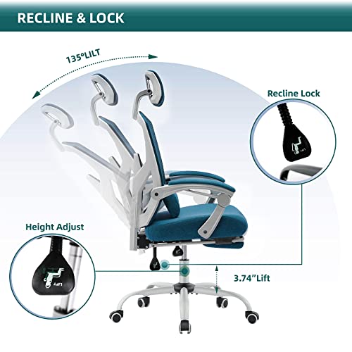 Image of DUMOS Home Office Desk Chair with Footrest, High-Back Mesh Rolling Swivel Reclining Chairs with Wheels, Comfortable Headrest, Lumbar Support, Comfy Arms for Home, Office, Gaming, Student, Elegant Blue