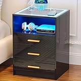 yoofun LED Black Bedside Table with Wireless Charging Station, Smart Nightstand with 3 Drawers, High Gloss Smart Sofa Side End Table for Living Room Bedroom