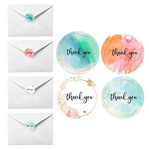 Mobiusea Party Thank You Stickers Roll | Elegant Water Color With Gold Foil |1.5 Inch | Waterproof | 500 Labels For Small Business, Floral Designer, Artist | 4 Watercolor Designs #TOP6