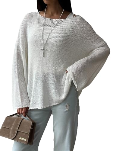 Women's Sweater Casual Long Sleeve Crewneck Lightweight Crochet Pullover Hollow Out Knit Tops2