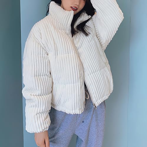 chouyatou Women Winter Warm Corduroy Puffer Jacket Quilted Down Zip Up Stand Collar Cropped Short Coats4