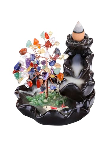 JOVIVI Quemador de incienso en cascada con árbol de la vida en chakras, piedras porta incienso, flujo inverso, adorno zen de la suerte con estanque artificial, adorno para interiores de casa