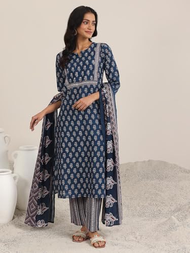 Image of Libas Printed Cotton Straight Kurta with Trouser and Dupatta