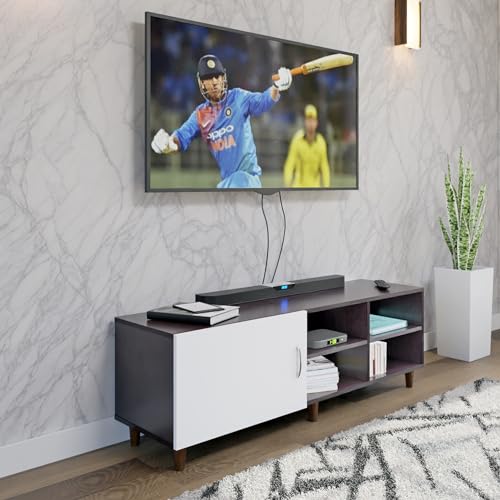 Image of VIKI Modern TV Unit for Living Room | Engineered Wood TV Cabinet with 1 Door Storage & 2 Open Shelves, Entertainment Unit, 140W x 48H x 40D cm | DIY | 1 Year Warranty (Wenge & White)