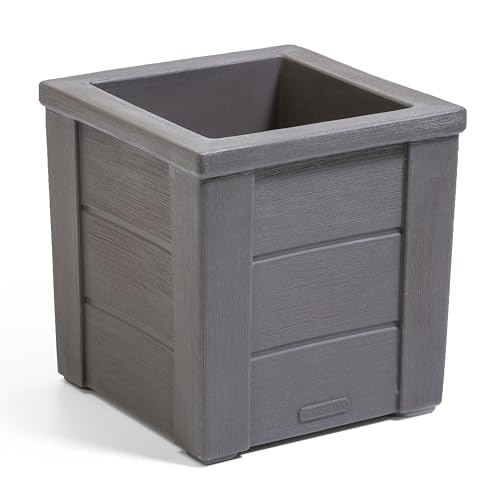 Step2 Lakewood Square Planter Box, Outside All-Season All-Weather Gardening Pot for Patio and Front Porch, Dark Cedar, 2-Pack - image 1
