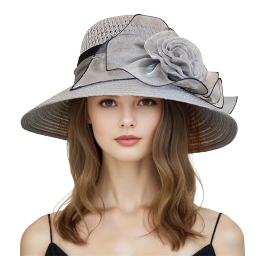 Women’s Fashion Church Hat Elegant Wide Brim Bucket Style Fedora Sun Cap with Bow Decoration