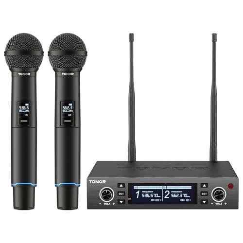 TONOR Professional Wireless Microphones System, Recargable Dynamic Microphone, 100×2 UHF Frequencies Adjustable, Auto-Scan& IR Pairing, 100 m Cordless Mic for Karaoke, Singing, Church, Wedding TW750