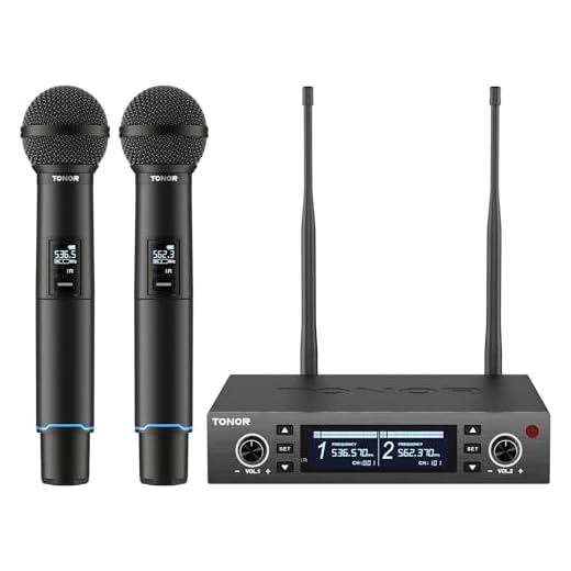 TONOR Micrófono Inalámbrico Profesional, Recargable Wireless Microphone Dinámico de Mano, Sistema de 2×100 Frecuencias UHF Ajustable para Karaoke/Fiestas/DJ/Iglesias, Escaneo Automático 328ft TW750