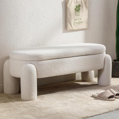 Ya-Home Modern Storage Bench, 114cm Upholstered Ottoman Bench Boucle End of Bed Stool, Cute Entryway Bench for Bedroom Living Room Hallway, White